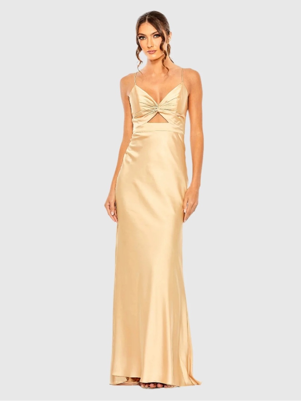 Mac Duggal Champagne Gold Satin Twist Maxi Dress